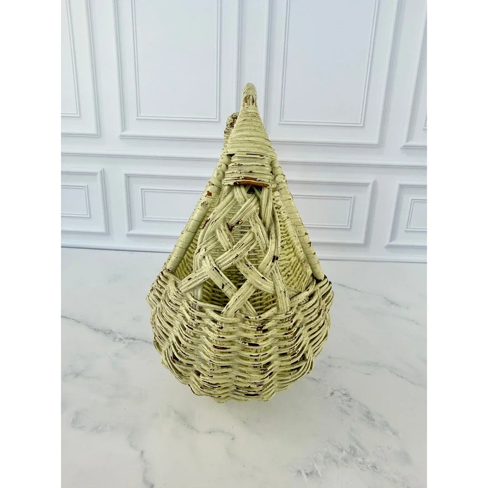 Vintage Cream Painted Chippy Goose Geese Turkey Handled Basket 9.5